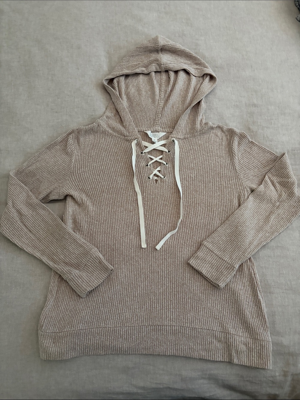 Market & Spruce Ribbed Lace-Up Hooded Pullover in Taupe